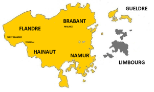 Territorio dos Estados Unidos Belgas. En gris, o ducado de Limburgo que só formou parte temporalmente do conxunto.