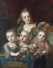 Portret Prins Maximiliaan met zijn zussen (achter) Maria Josepha, (links) Maria Carolina en (midden)Marie Antoinette 1760.