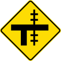 (W15-2.1/PW-13.3) Railway level crossing on uncontrolled T-junction to right