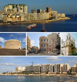 From top: Skyline in the Strand and Tigné Point, Fort Tigné, Lombard Bank building, Stella Maris Church, skyline of Tower Road
