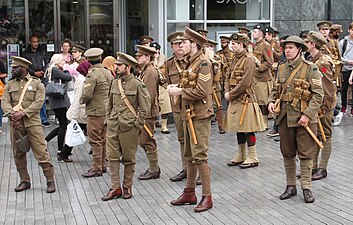 People dressed as 1st World War soldiers as part of the commemoration of the battle of the Somme. The word khaki means "earth" in the Persian language