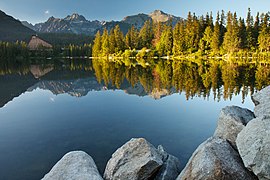 Štrbské pleso natural lake is a popular tourist destination in the High Tatras