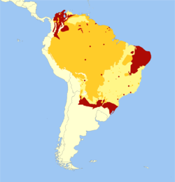 alt=Distribución del tapir amazónico: (rojo: extinto, mostaza: confirmado, amarillo: probable)