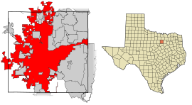 Poloha Fort Worthu v rámci štátu USA Texas a v rámci Tarrant county