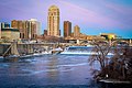 View of downtown Minneapolis from the Stone Arch Bridge.