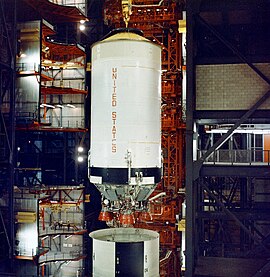 The Apollo 6 S-II stage during stacking operations in the VAB