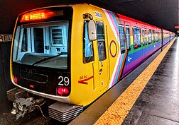 Treno S/300 nella fermata di Valle Aurelia in livrea Arcobaleno