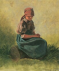 Sitting Peasant Girl with Headscarf and Blue Skirt 1857