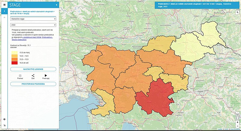 Prikazan je odstotni delež prebivalcev, starih od 0 do 14 let, med vsemi prebivalci.