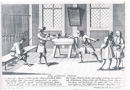 Clase de esgrima en la universidad de Núremberg, grabado de 1725. Las universidades del Antiguo Régimen no fueron precisamente el centro de la revolución científica, que utilizó otros ámbitos más propicios a la innovación.