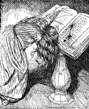An engraved illustration of a woman lying over a book