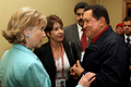 Secretary of State Hillary Clinton and President Hugo Chavez have a brief conversation of exchanging ambassador at the Summit of the Americas in Trinidad & Tobago on 19 April 2009