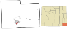 Laramie County Wyoming incorporated and unincorporated areas Fox Farm-College highlighted.svg