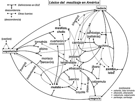 Términos empleados en la América colonial española para designar a los "mestizos", según el origen de sus ascendientes.