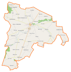 Mapa konturowa gminy Lubraniec, blisko centrum u góry znajduje się punkt z opisem „Parafia św. Jana Chrzciciela”
