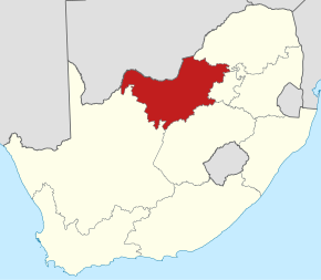 Harta regiunii North West în cadrul statului Africa de Sud