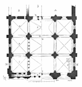 Bouwtekening van de narthex: rechts op het niveau van de begane grond; links op het niveau van de galerijen.