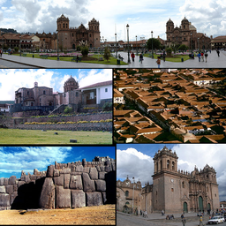 Överst: Plaza de Armas. Mitten vänster: Coricanchas tempel. Mitten höger: Flygbild över Cusco. Nederst vänster: Sacsayhuamán, Nederst höger: Cuscos katedral