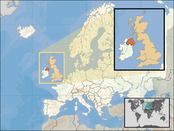 Location of ಉತ್ತರ ಐರ್ಲೆಂಡ್‌‌ (orange) – in the European continent (caramel & white) – in the United Kingdom (caramel)