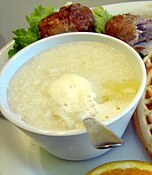 Grits is a ground-corn food of Native American origin, that is common in the Southern United States and eaten mainly at breakfast.
