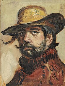 Self-portrait painting of the artist with beard and wearing a straw hat