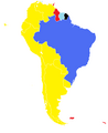 Lenguas en Sudamérica: El español (en amarillo); el portugués (en azul); el inglés (en rojo); el neerlandés (en celeste); y el francés (en negro).