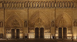 Lower part of the front façade of Notre-Dame Cathedral, Paris