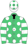 Emerald green, white spots, hooped sleeves, white cap, emerald green spots