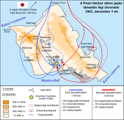 Oahu szigete a japán támadóhullámok útvonalával jelölve