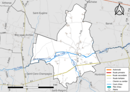 Carte en couleur présentant le réseau hydrographique de la commune