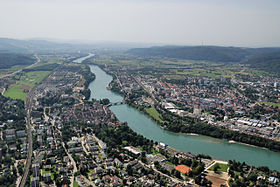 Luftansicht: Rheinfelden (Aargau) links und Rheinfelden (Baden) rechts des Rheins