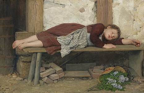 Cô gái ngủ trên băng ghế gỗ (Schlafendes Mädchen auf einer Holzbank) của Albert Anker