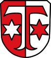Gemeinde Klosterlechfeld In von Rot und Silber gespaltenem Schild ein von Silber und Rot gespaltenes Antoniuskreuz, beseitet von zwei sechsstrahligen Sternen in den gleichen Farben.