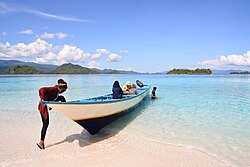 Seorang sedang mendorong perahu