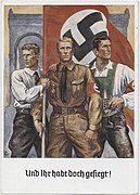 UND IHR HABT DOCH GESIEGT Elk Eber 1938 NSDAP Propagandakarte Postkarte Ansichtskarte Nazi propaganda postcard painting Lederhosen Swastika flag SA Sturmabteilung Hitler Putsch 1923 martyrs members Feldherrnhalle München No known cop.jpg