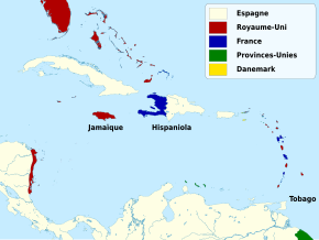 Carte de Caraïbes montrant Tobago, Hispaniola et la Jamaïque