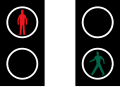 Pedestrian lights. Red: Don't walk. Green: Walk.