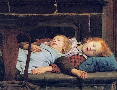 Zwei schlafende Mädchen auf der Ofenbank (1895) của Albert Anker