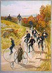 Henry Sandham: Cyklisté na vysokých kolech (1887)