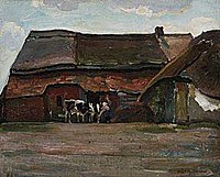 Brabant Farmyard label QS:Len,"Brabant Farmyard" label QS:Lpl,"Brabanckie gospodarstwo" label QS:Lnl,"Brabants boerenerf" 1904. oil on linen board mounted on canvas. 39.8 × 48.3 cm (15.6 × 19 in). Oberlin, Ohio, Allen Memorial Art Museum.