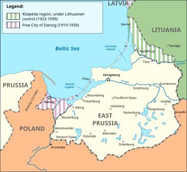 Mapa przedstawiająca Prusy Wschodnie w latach 1923–1939, z zaznaczonym terytorium okręgu Kłajpedy anektowanym przez Republikę Litewską w 1923 roku