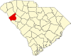 Mapa de Carolina del Sur con la ubicación del condado de Abbeville