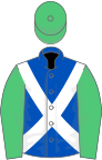 Royal blue, white cross belts, emerald green sleeves and cap