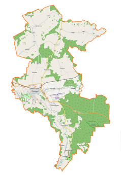 Mapa konturowa gminy Szprotawa, blisko centrum na lewo znajduje się punkt z opisem „Kościół Zbawiciela Świataw Szprotawie”