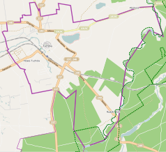 Mapa konturowa Tucholi, blisko centrum po prawej na dole znajduje się punkt z opisem „Rudzki Most”