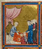 Jacob bendice a Efraín y Manasés. Hagadá Dorada, manuscrito hebreo-catalán miniado, siglo XIV.[56]​