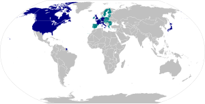 Mapa de les nacions membres del G-7 i de la Unió Europea