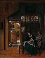 Pieter de Hooch, Une femme préparant du pain et du beurre pour un garçon, vers 1660-1663.