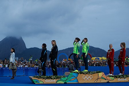 Pódio da classe 49erFX nos Jogos do Rio 2016.