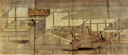 Interior view of Taima-dera, where the spaces are set aside to show several stages of the story, thanks to the fukinuki yatai. Taima Mandala Engi [fr], 13th century